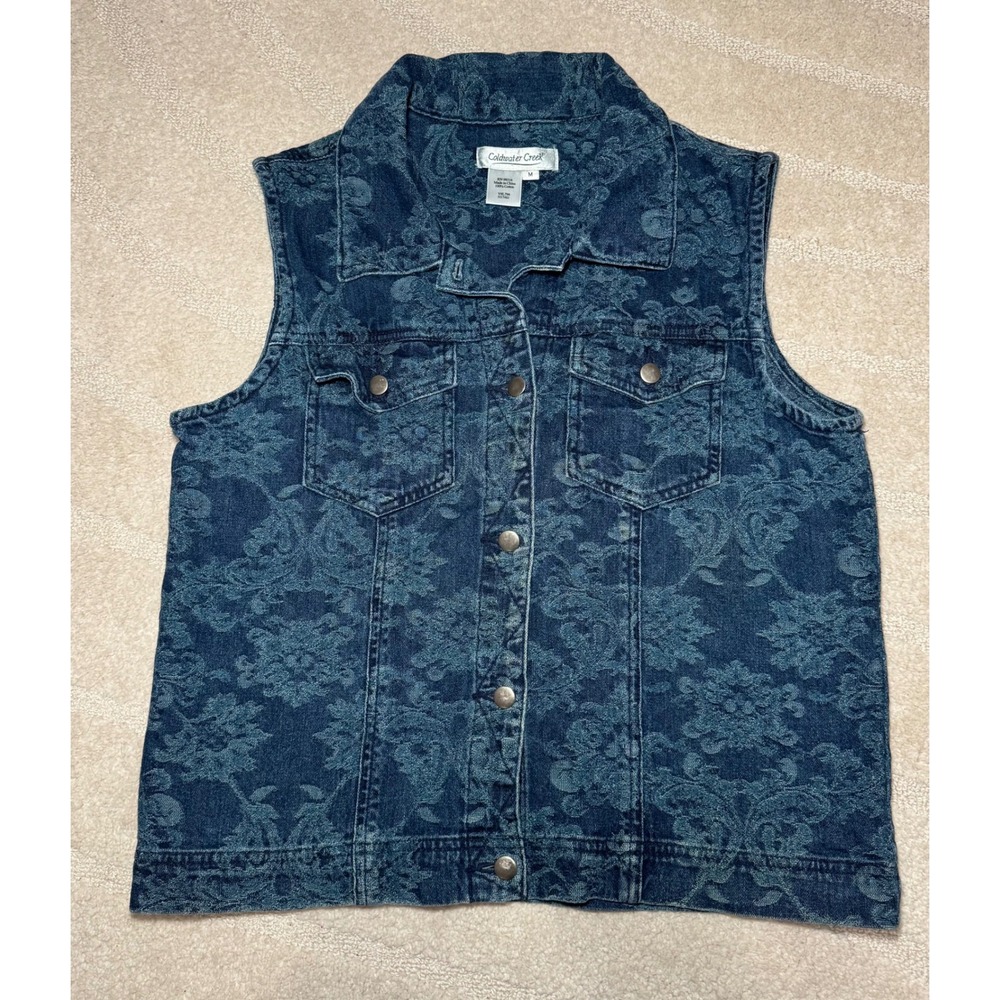 VTG Coldwater Creek Womens Floral Print Denim Vest‎ Medium Wash Cotton M Boho